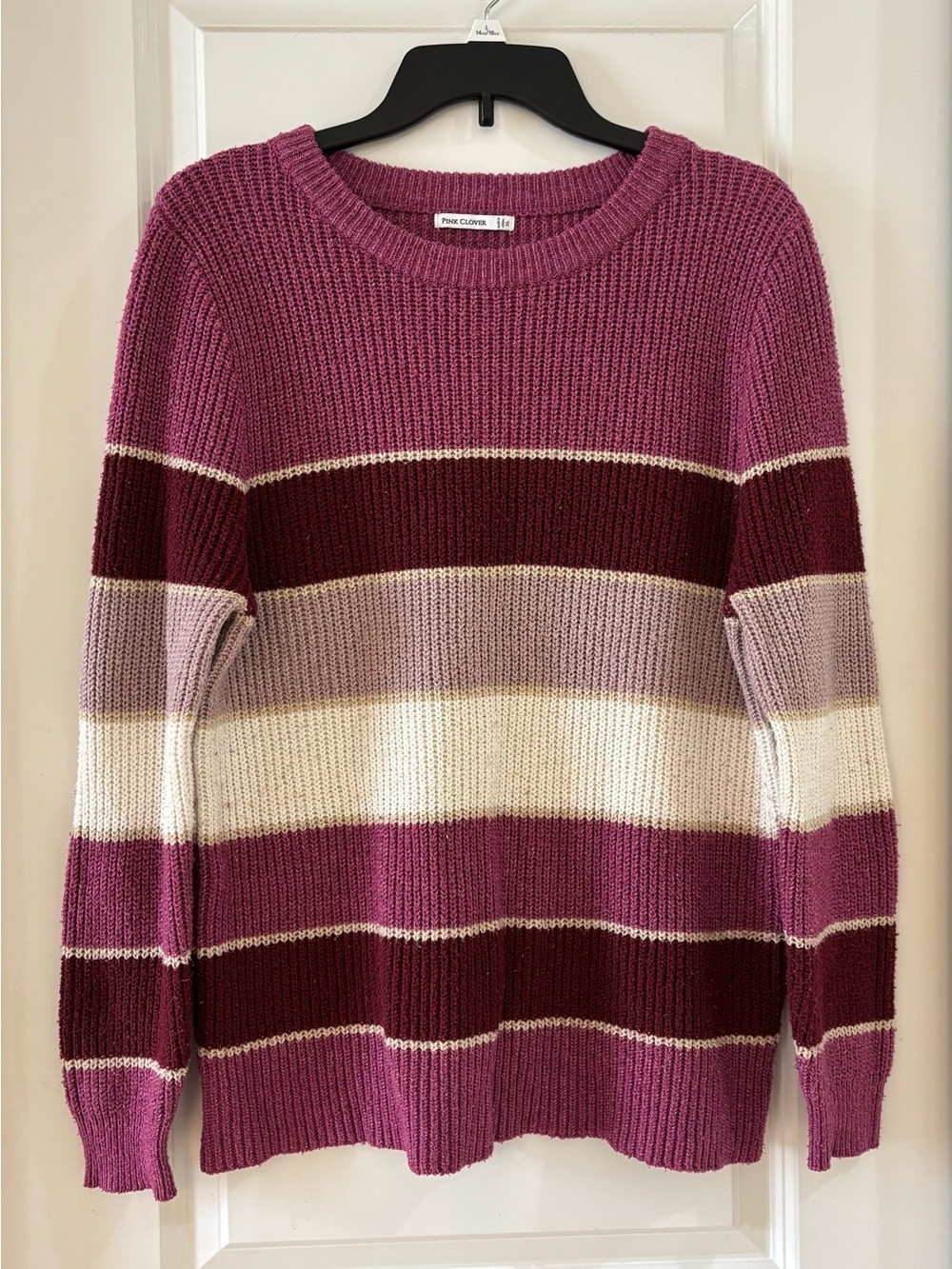 Pink Clover Womens Striped Crewneck Sweater in Berry & Cream XL